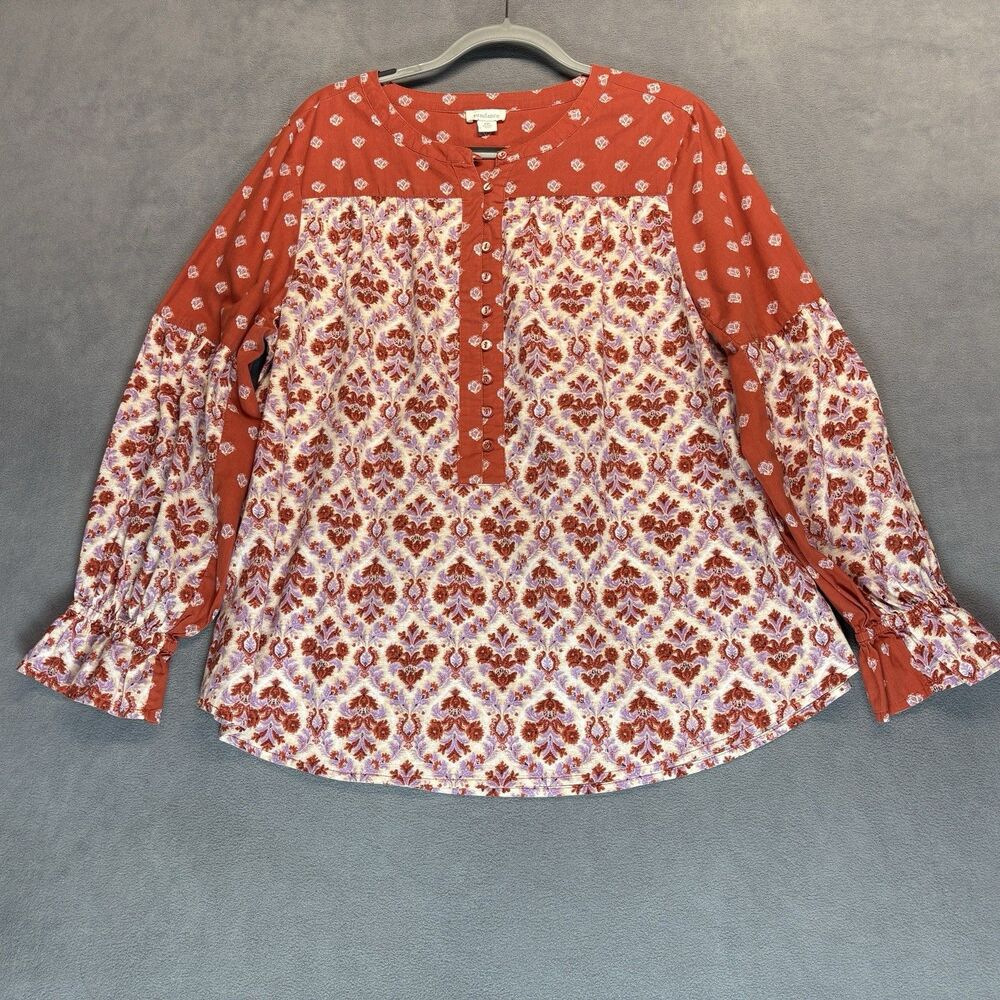 Sundance Size 2X Boho Peasant Blouse Orange Floral Button Front 100% Cotton